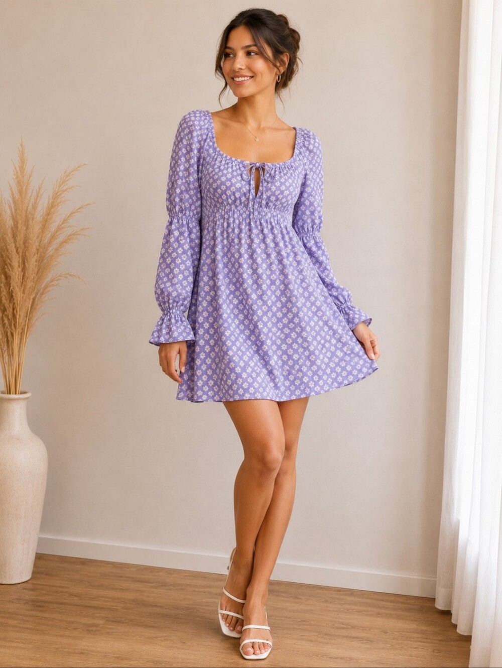 Lilac Floral Long-Sleeve Mini Dress